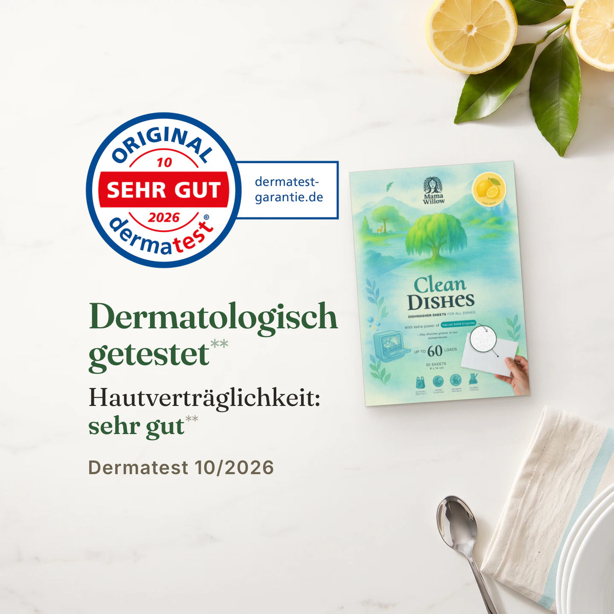 Spülmaschinen-Blätter Zitrone: Dermatologisch getestet**, Hautverträglichkeit: sehr gut**, Dermatest 10/2026