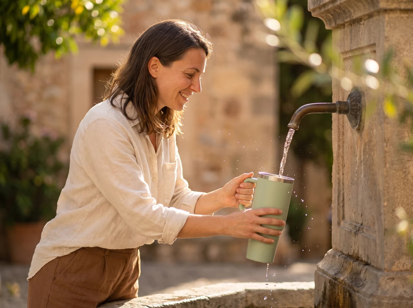 Lena refills her MamaWillow Lieblingsmoment with water — AI-generated scene