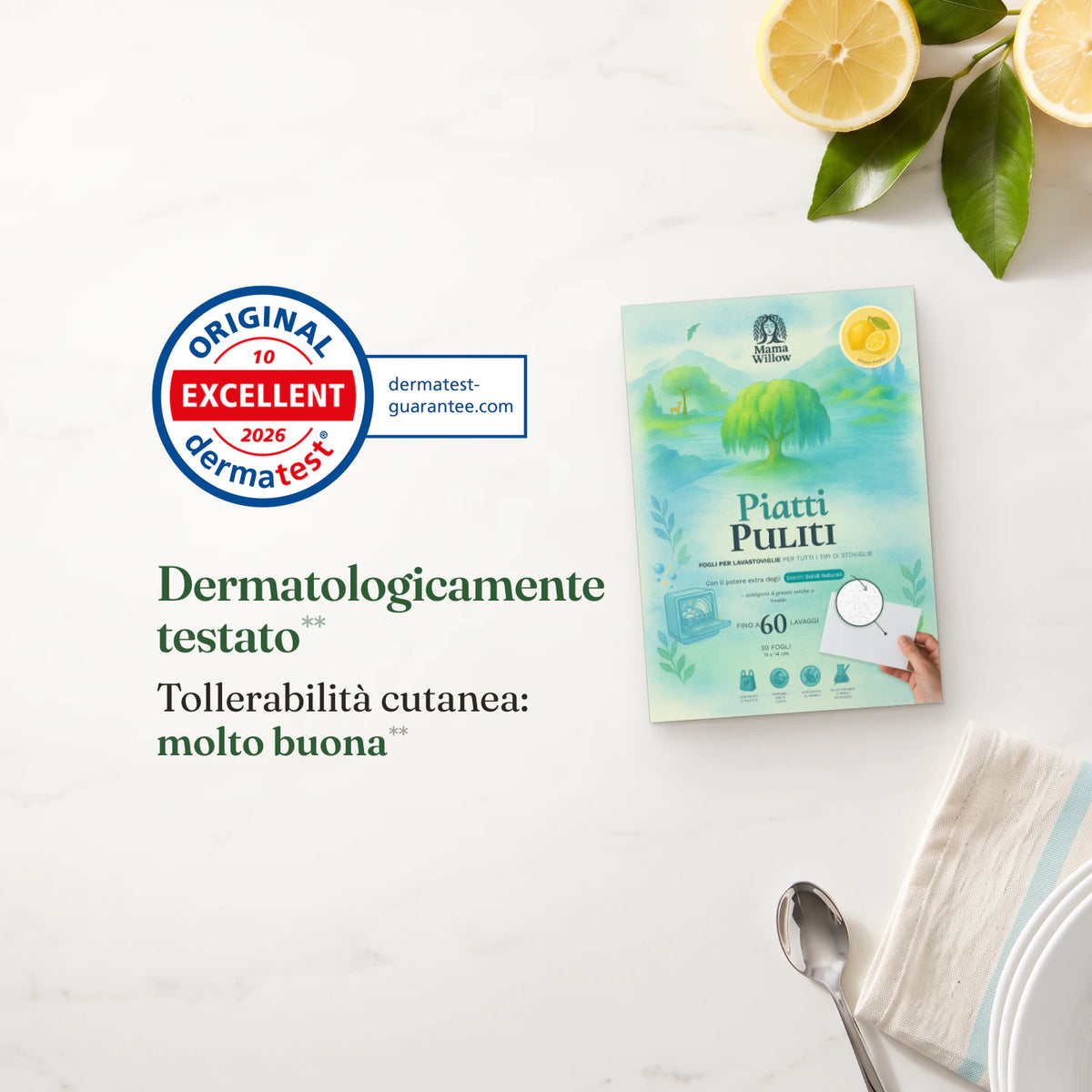 Fogli per lavastoviglie Limone: Dermatologicamente testato**, Tollerabilità cutanea: molto buona**, Dermatest 10/2026
