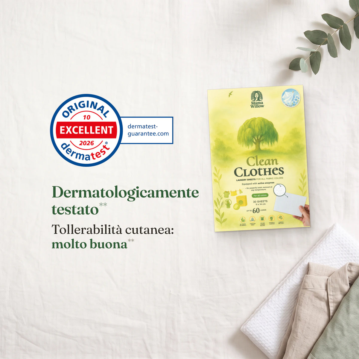 Fogli per bucato Lino: Dermatologicamente testato**, Tollerabilità cutanea: molto buona**, Dermatest 10/2026
