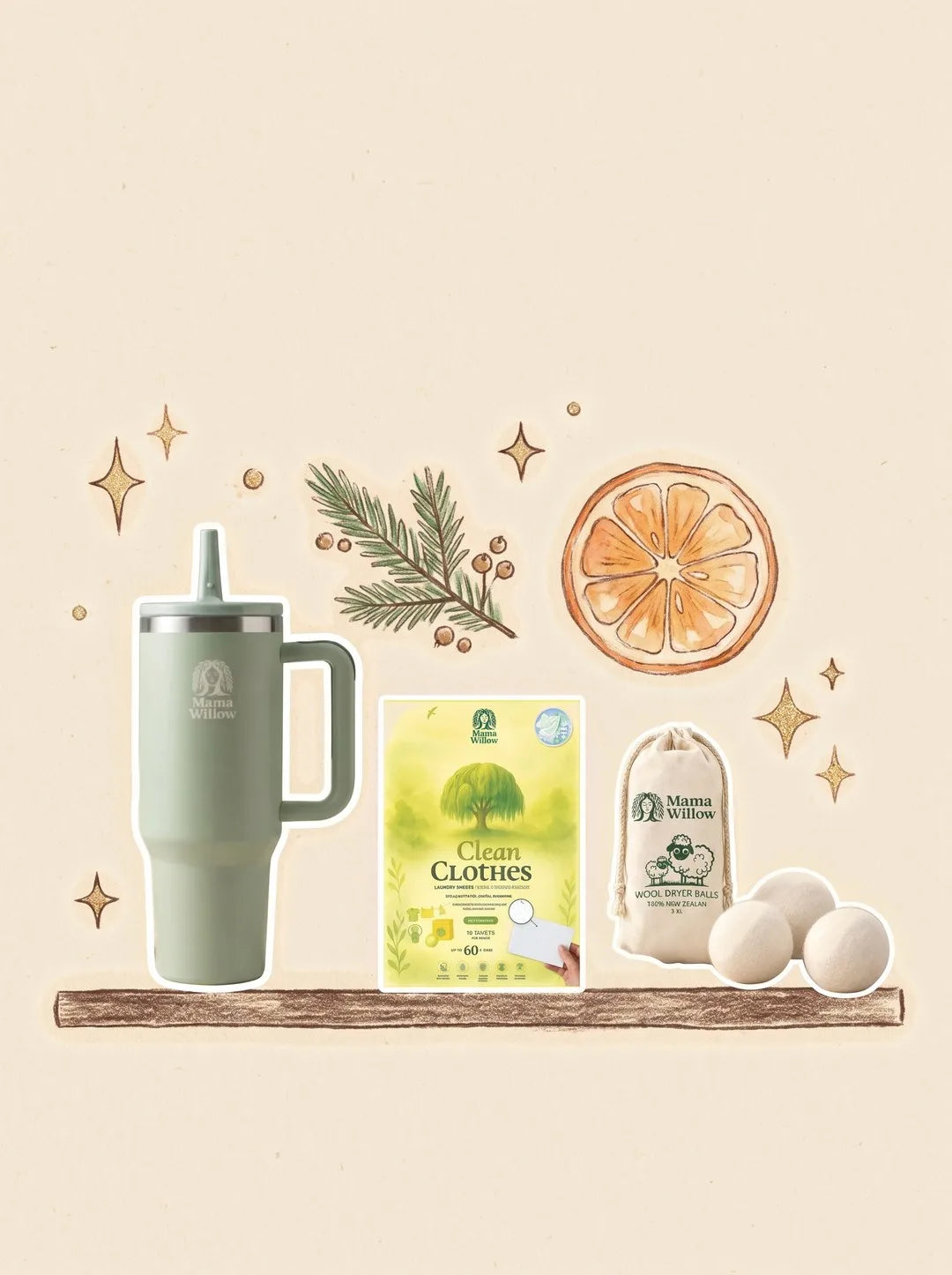 MamaWillow Weihnachts-Geschenkset mit Tumbler, Waschmittel-Blättern und Woll-Trocknerbällen