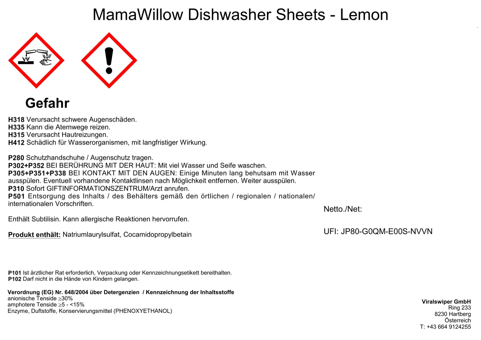 MamaWillow Dishwasher Sheets — Lemon · CLP-Etikett (AT)