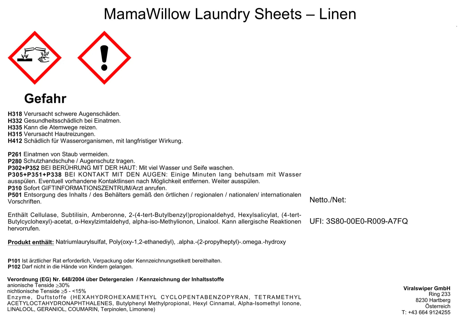 MamaWillow Laundry Sheets — Linen · CLP-Etikett (AT)