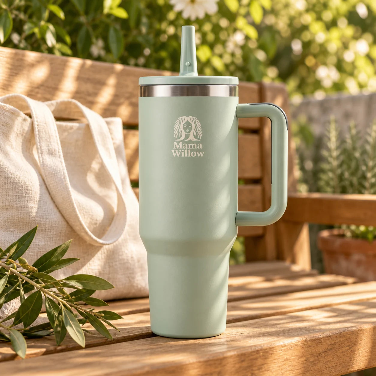 Sage MamaWillow Tumbler on a garden bench